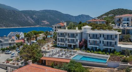 Aerial view of a luxury coastal resort with pool near the sea.