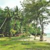 Scenic tropical beach with palm trees and villas in Ko Pha-ngan, Thailand.